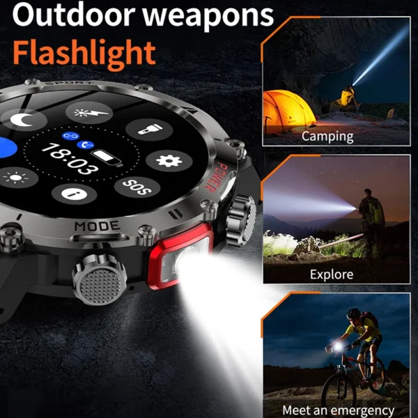 Military Smart Watch Men Compass LED Flashlight 450mAh Large Battery 360*360 HD Screen Health Monitor Sport BT Call Smartwatch - Image 5
