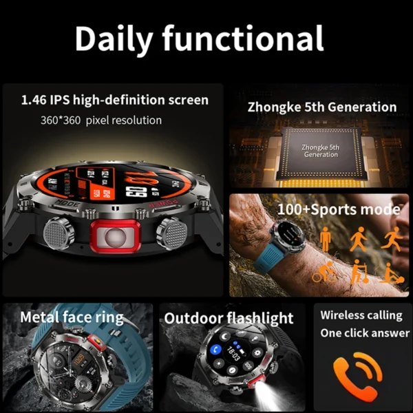 Military Smart Watch Men Compass LED Flashlight 450mAh Large Battery 360*360 HD Screen Health Monitor Sport BT Call Smartwatch - Image 2