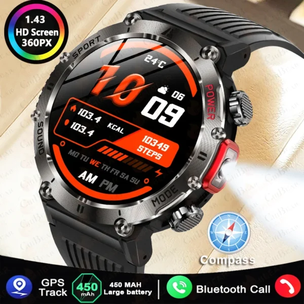Military Smart Watch Men Compass LED Flashlight 450mAh Large Battery 360*360 HD Screen Health Monitor Sport BT Call Smartwatch